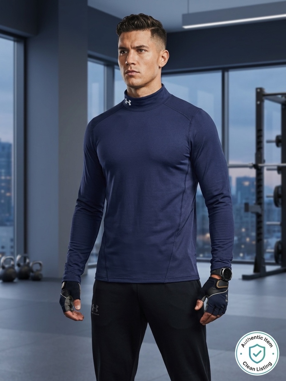 Under Armour ColdGear Fitted Mock Neck Long Sleeve Navy Base Layer – Size Large